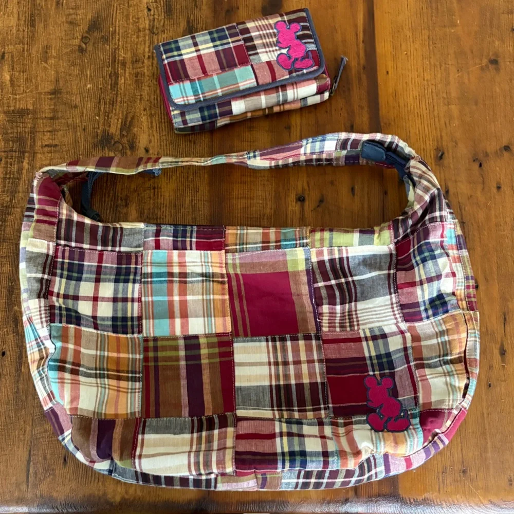 Disney Parks Vintage Hobo Madras Plaid Embroidered Mickey Preppy Bag/Wallet